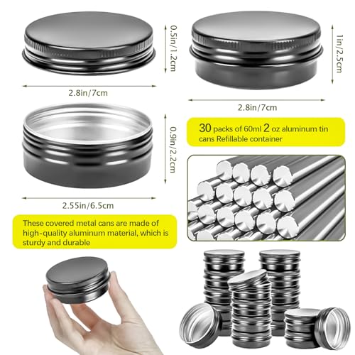 30Pack 2oz Tin Jars, 60ml Metal Tin cans, 2Ounce Aluminum tin can jar Containers with Screw Lid for Lotion Bars, Spices, Salve, Balms, Beard Balm, Toiletries, Creams, Samples, Makeup Cosmetic - color: Black 30pack