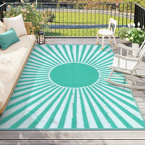 Wonnitar 8x10 Outdoor Rug Waterproof - Large Reversible Patio Rugs, Lightweight Plastic Straw Patios Mat for RV, Portable Outdoor Camping Carpet for Deck Picnic (Blue-Green, 8'x10') - color: Blue-green, size: 8' x 10' (Rectangular)