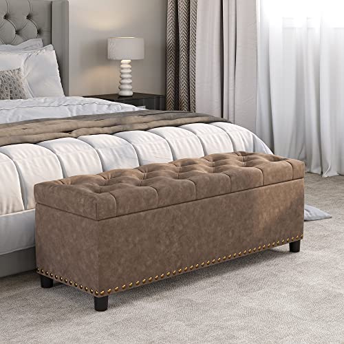 BELLEZE Storage Ottoman, Tufted Ottoman with Close Hinge, Foot Rest for Living Room (Rustic Brown, 47 inch) - color: Rustic Brown, size: 1