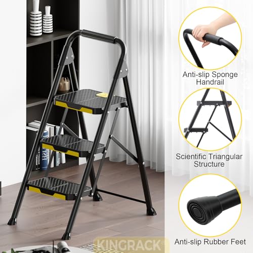KINGRACK 3 Step Ladder, Sturdy Steel Step Stool with Safe-Lock Design, Handrail, Anti-Slip Wide Pedals, Pass 800lbs Load Testing, Folding Portable Ladder for Multi-Purpose, Home, Kitchen, Black - size: 3-Step