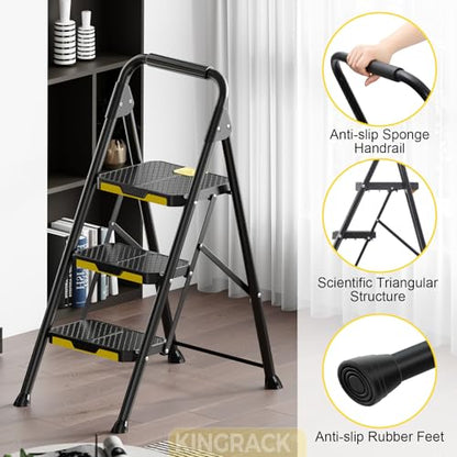 KINGRACK 3 Step Ladder, Sturdy Steel Step Stool with Safe-Lock Design, Handrail, Anti-Slip Wide Pedals, Pass 800lbs Load Testing, Folding Portable Ladder for Multi-Purpose, Home, Kitchen, Black - size: 3-Step