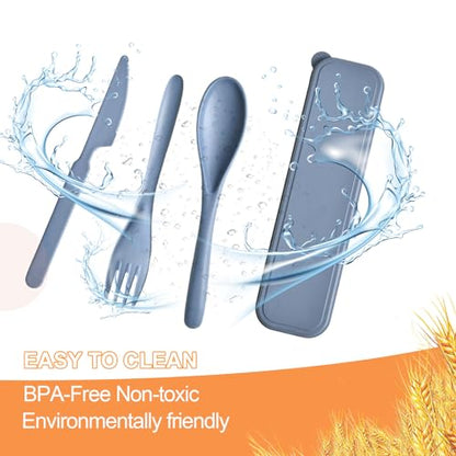 Travel Utensils with Case, Camping Utensils Wheat Straw Reusable Utensils Set With Case, Knife Fork and Spoon Utensil for Lunch Box (2 Pack) - color: Blue, Light Blue