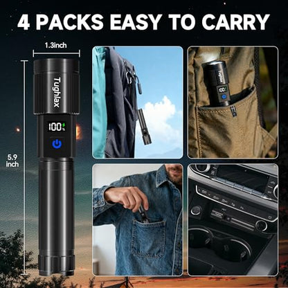 4Pack Rechargeable Flashlights High Lumens 10000LM, Super Bright Flashlight with LCD Digital Display, 5 Modes Adjustable Flash Light, LED Flashlight Powerful, Tactical Flashlights for Home