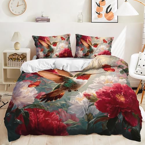 AILONEN Hummingbird Duvet Cover Set King Size, Red and White Flowers Soft Bedding Set for Girls Women,Garden Flower Bird Animal Comforter Cover with 2 Pillowcases,3Pcs - color: Hummingbird7, size: King