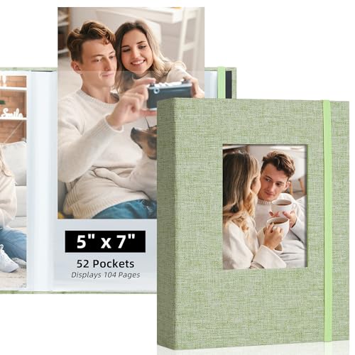 5x7 Photo Album, Slip In Fabric Cover Scrapbook with Front Window, Holds 104 Photos (52 Pockets), for Baby, Wedding, Travel, Green - color: Grass Green, size: 52 Pockets