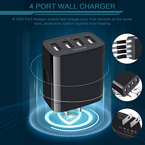 Wall Charger, USB Charger Adapter, AILKIN 4.8A 4Multi Port Fast Charging | USBA Station Power Base Block Plug Cube Brick for iPhone 17 16 15 14 SE 13 12 Pro Max/X/Plus, Samsung A17/S25/S26 Kindle Plug - color: Black