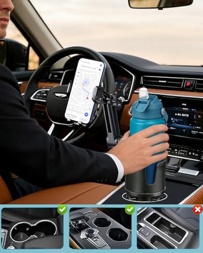 Cup Phone Holder for Car with Expandable Base, 2 in 1 Height-Adjustable Dual Cell Phone Holders Car Cupholder Mount, Friendly Fit Large Bottle & iPhone All Cellphone for Truck SUV | No Shake Design - color: Gray