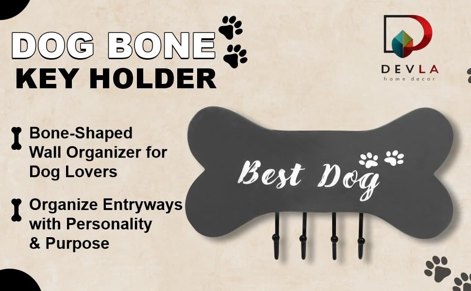 DEVLA Farmhouse Key Holder for Wall - Decorative Dog Leash Hanger and Coat Rack Wall Mount with 4 Unique Hooks - Dog Accessories Organizer for Rustic Home Decor (White)