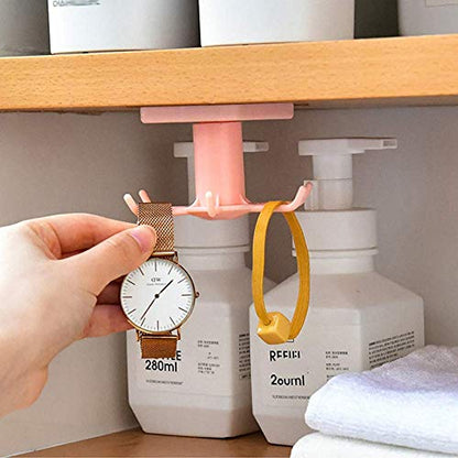 2pcs Under Cabinet Kitchen Utensil Hooks,360° Rotating Drilling Free Adhesive Utensils Hanging Rack for Tools/Towel/Knife (Black) - color: Black