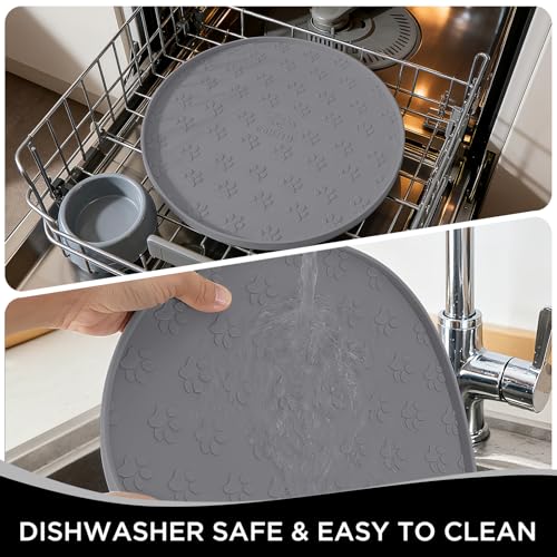 Comtim Waterproof Dog Food Mat - 2 Pack Silicone Pet Food Mat Dog Food Bowl Mats Cat Water Mats Eating Tray, Non-Slip Pet Placemat with Lip for Messy Drinkers to Protect Floor,Dark Grey 11"×11" - color: Dark Grey