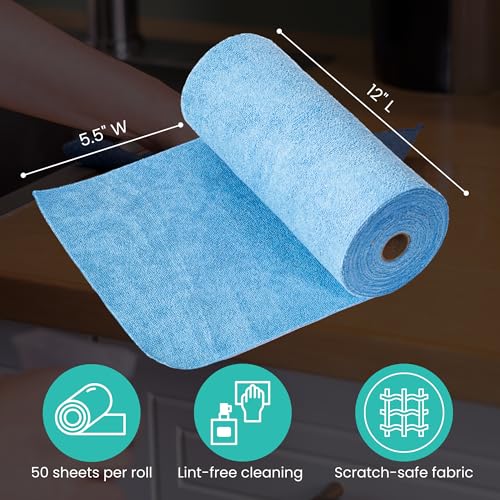 Microfiber Cleaning Cloth Roll Tearaway, 50 PCS Tear Away Towels, Reusable & Washable, Ultra Absorbent 12" x 12" Dish Rags for Car, Home, Kitchen, , 200 GSM Thickness, Paper Towel Alternative - color: Blue