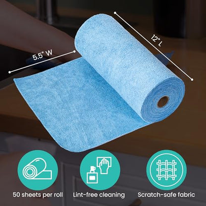Microfiber Cleaning Cloth Roll Tearaway, 50 PCS Tear Away Towels, Reusable & Washable, Ultra Absorbent 12" x 12" Dish Rags for Car, Home, Kitchen, , 200 GSM Thickness, Paper Towel Alternative - color: Blue