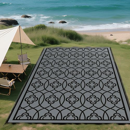 Outsunny Outdoor Rug for Patio, 9' x 18' Waterproof Large Mat, Reversible Plastic Straw Rug for Decor, Portable Outside RV Camping Area Carpet Mat for Backyard Porch Deck Picnic, Black & Gray Lantern - color: Black and Gray Lantern, size: 8'11" x 17'11" (