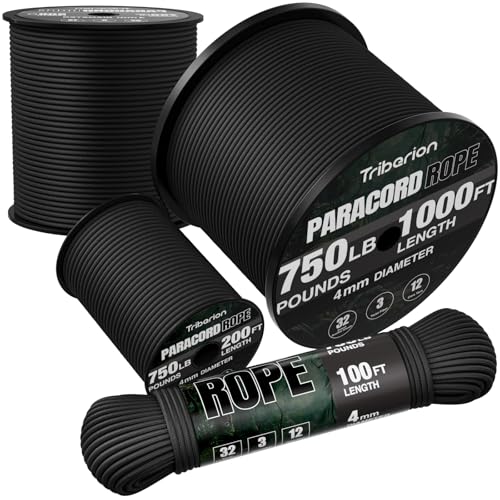 Paracord Rope 750 lb - 1000ft / 500ft / 200ft / 100ft 5/32" Parachute Cord 4MM 12-Strand para Cord - Heavy Duty Spool String for Survival,Camping Gear, Survival Bracelet, Clothesline - color: Black, size: 100ft