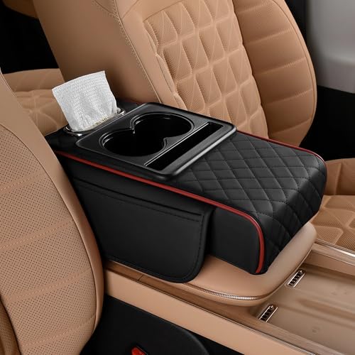 FREESOO Car Center Console Cover, Leather Armrest Cover for Car, Universal Middle Console Cushion with Storage Box, Cup Holder, Tissue Box & Phone Slot, Waterproof Interior Accessories, Black Red - color: Black Red