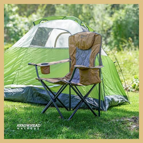 ARROWHEAD OUTDOOR Portable Deluxe Folding Camp Quad Chair w/Headrest, Glass & Cup Holders, Armest 6-can Cooler, Heavy Duty Carry Bag, 550 lbs Weight Capacity - color: Brown
