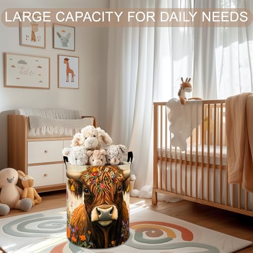 Highland Cow Laundry Basket Hamper 19.7"x15.8", Farm Animal Foldable Waterproof Oxford Clothes Storage Bucket for Room Bathroom Bedroom Nursery Decor, Toy Organizer Bins Gifts for Kids Boys Girls - style: Highland Cow02