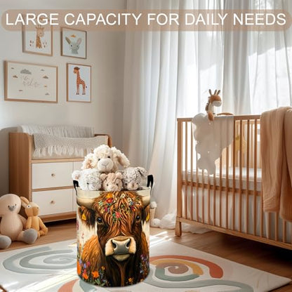Highland Cow Laundry Basket Hamper 19.7"x15.8", Farm Animal Foldable Waterproof Oxford Clothes Storage Bucket for Room Bathroom Bedroom Nursery Decor, Toy Organizer Bins Gifts for Kids Boys Girls - style: Highland Cow02