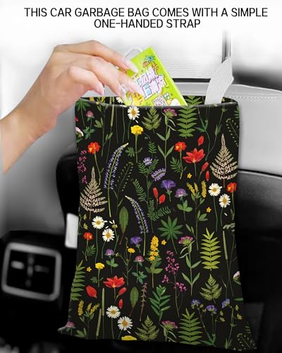 Car Trash Can, Durable Hanging Car Trash Garbage Bag, Cute Automotive Garbage Cans Organizer, Cute Boho Black Flowers - color: Cute Boho Black Flowers