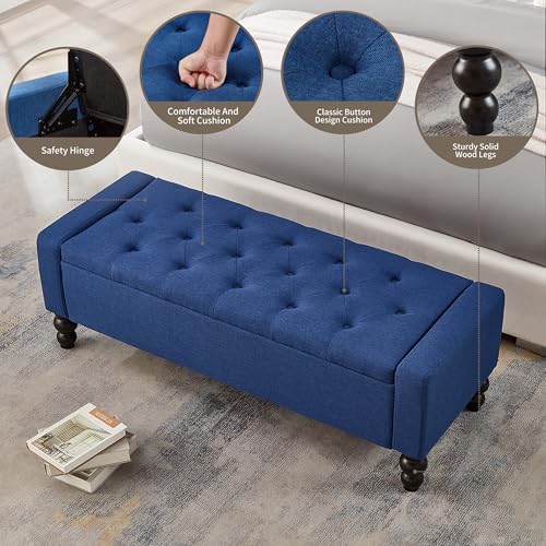 50" W Storage Ottoman Bench with Safety Hinge, Load up to 660 lb Ottoman with Storage, Upholstered Tufted Entryway Bench with Seating for Living Room, Bedroom, Entryway, Blue - color: Blue