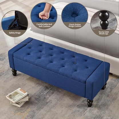 50" W Storage Ottoman Bench with Safety Hinge, Load up to 660 lb Ottoman with Storage, Upholstered Tufted Entryway Bench with Seating for Living Room, Bedroom, Entryway, Blue - color: Blue