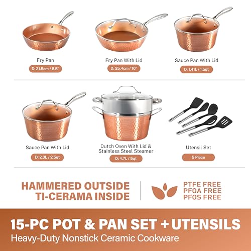 Gotham Steel Hammered 15 Pc Ceramic Cookware Set, Induction Pots and Pans Set Non Stick with Cooking Utensils & Steamer, Non Toxic Ceramic & Titanium Coating PFOA PFOS Free, Oven & Dishwasher Safe - color: Hammered Copper