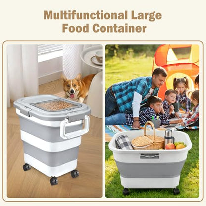 Komzon Rice Storage Container, Collapsible Airtight 10-40 Lb Rice Storage Container, 25lb Pet Dog Food Storage Container, Rice Dispenser Bin with Cup and Scoop for Flour Cereal Pasta Grain, Cat Bird - size: 10-40 Lbs