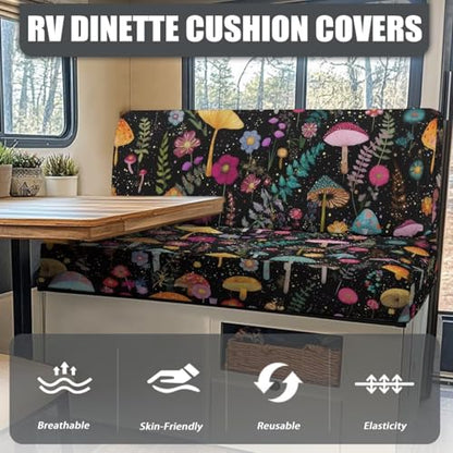 Abstract Mushroom Floral Fern Leaf Print RV Dinette Cushion Covers Camper Sofa Cushion Cover Stretchable RV Dinette Seat Covers 2Pcs with Backrest & Bench Cover, 2Set - color: Abstract Mushroom Floral Fern Leaf