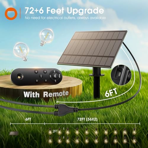 addlon 78FT(72+6) Solar String Lights with Remote, 38 Shatterproof G40 Bulbs, Commercial Grade Solar Powered Outdoor Lights, Dimmable Waterproof Solar Lights Outdoor, for Outside Porch Backyard House - size: 72FT