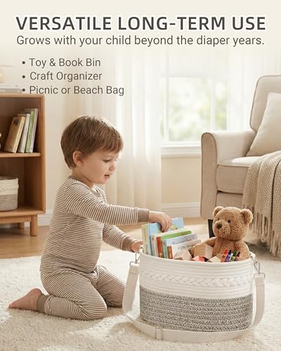 Baby Diaper Caddy Organizer With Handle, Cotton Rope Baby Shower Basket, Large Diaper Caddy with Shoulder Straps for Newborn Parents, Home and Car Travel, 14.5"x8.5"x7.5
