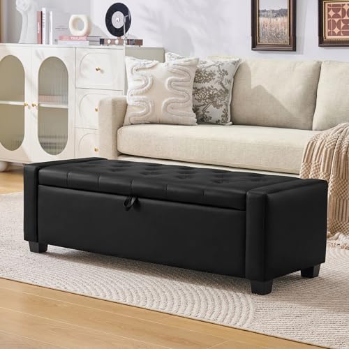 Huatean Home 48" Ottoman with Storage, Storage Ottoman Bench with Safety Hinge, Upholstered Entryway Bench with Seating for Bedroom, Living Room, Holds up to 330 lb, Light Black - color: Light Black, size: 19.7"D x 48"W x 16.9"H