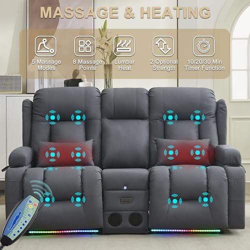 URRED Power Loveseat Recliner Sofa with Massage and Heat, Wall Hugger Reclining Loveseat with Console, RV Couch Home Theater Seating with LED Lights for Living Room (Blue Grey, 67" - 2 Seats) - color: Blue Grey, size: 67" - 2 Seats