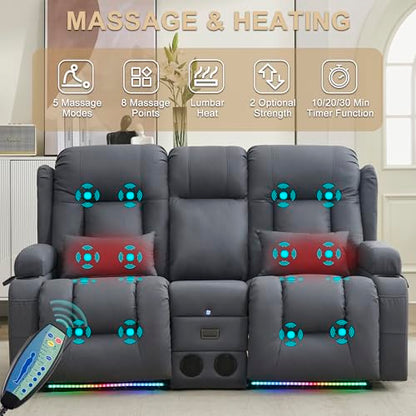 URRED Power Loveseat Recliner Sofa with Massage and Heat, Wall Hugger Reclining Loveseat with Console, RV Couch Home Theater Seating with LED Lights for Living Room (Blue Grey, 67" - 2 Seats) - color: Blue Grey, size: 67" - 2 Seats