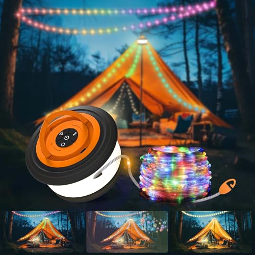TOHETO Camping String Lights, 3 in 1 Upgraded Retractable RGB Outdoor String Lights with 19 Lighting Modes,Quick 30s Recovery, 32.8 FT Portable Tent Lights, Rechargeable Camping Lantern (Black&Orange) - style: Black&Orange