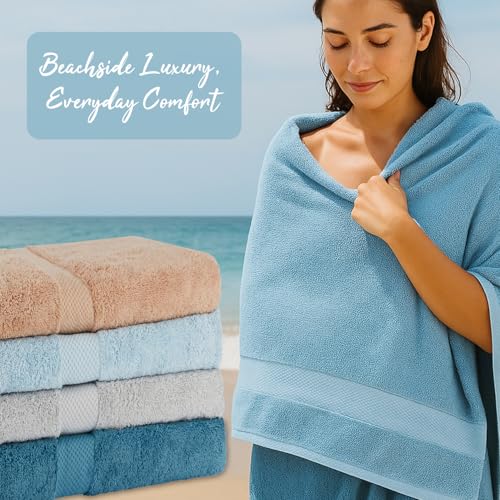 BolBom Towels 4 Pack Medium Bath Towel Set, 27“X54” Inches, 500 GSM 100% Ring Spun Cotton, Lightweight and Highly Absorbent Quick Drying Premium Towels for Hotel,Spa,Bath and Bathroom - color: Sapphire, Silver, Sky Blue, Toast