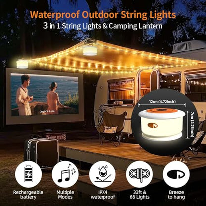 TOHETO Camping String Lights, 3 in 1 Upgraded Retractable RGB Outdoor String Lights with 19 Lighting Modes,Quick 30s Recovery, 32.8 FT Portable Tent Lights, Rechargeable Camping Lantern (White&Orange) - style: White&Orange