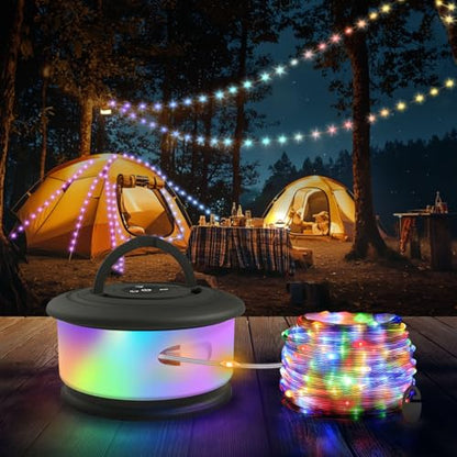 TOHETO Camping String Lights, 3 in 1 Upgraded Retractable RGB Outdoor String Lights with 19 Lighting Modes, Quick 30s Recovery, 32.8 FT Portable Tent Lights, Rechargeable Camping Lantern (Black) - style: Black