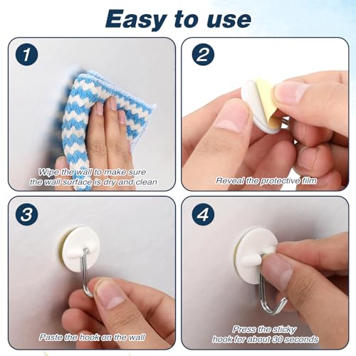 24pcs Round Plastic Hooks - Small Self Stick Hooks for Hanging, White, Waterproof & Oil Proof for Kitchen Utensils