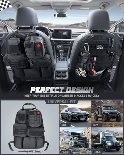WYNEX Car Seat Back Organizer Set, Universal Vehicle Accessories Molle Panel Detachable 4 Tactical Pouches - Medical, Phone, Admin Storage Bag for Road Trips, Fits Most Cars, SUVs, Trucks