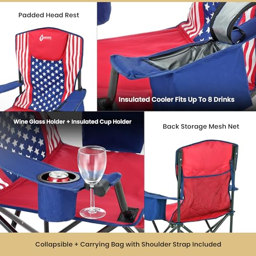 ARROWHEAD OUTDOOR 2-Pack Portable Deluxe Folding Camp Quad Chair w/Headrest, Glass & Cup Holders, Armest 6-can Cooler, Heavy Duty Carry Bag, 550 lbs Weight Capacity - color: Us Flag 2pack
