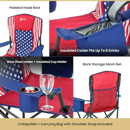 ARROWHEAD OUTDOOR 2-Pack Portable Deluxe Folding Camp Quad Chair w/Headrest, Glass & Cup Holders, Armest 6-can Cooler, Heavy Duty Carry Bag, 550 lbs Weight Capacity - color: Us Flag 2pack