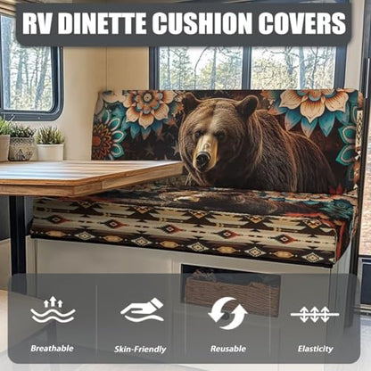 RV Dinette Cushion Covers with Aztec Boho Flower Bear Print - Stretchable Couch Cushion Covers Washable Slip Covers for Loveseat Sofa Slip Covers, Easy to Install - color: Aztec Boho Flower Bear