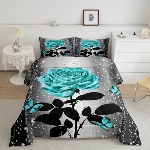 Feelyou Teal Water Rose Bedding Set Twin Size Teal Butterfly Comforter Set for Boys Girls Romantic Comforter Floral Flower Quilt Set with 1 Pillow Case - color: Multi 32, size: Twin