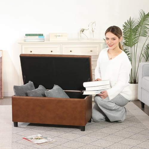 Joveco Storage Ottoman Bench, 32 Inches Faux Leather Rectangle Tufted Foot Stool for End Foot of Bed, Bedroom, Living Room, Creamy Caramel - color: Creamy Caramel