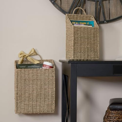Rectangular Wicker Hanging Baskets, Set of 2, Small and Large, Handwoven Seagrass, Durable Metal Wire Frame, Multipurpose and Contemporary, Perfect for Organizing Newspapers, Mail and More, Natural