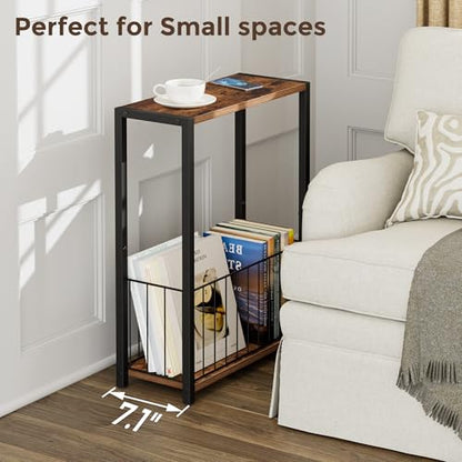 Homleke Narrow Side Tables Set of 2 with Magazine Holder, Skinny End Tables Perfect for Small Spaces, Space-Saving Design for Living Room, Bedroom, or Office, 7.1" D x 16.9" W x 23.6" H, Rustic Brown - color: Rustic Brown - Standard