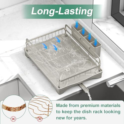 Dish Drying Rack,Dish Racks for Kitchen Counter,Metal Dish Drainer with Adjustable Drainage Spout,Removable Knife and Fork Holder (Grey) - color: 1 Tier - Grey