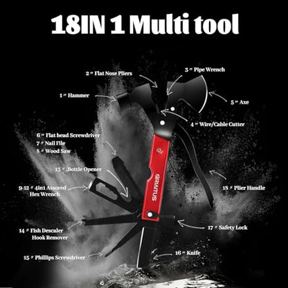 Multitool Camping Accessories Gifts for Men Survival Gear 18 in 1 Camping Multi Tool with Axe Hammer Saw Screwdrivers Pliers Bottle Opener Stocking Stuffers Gifts for Men Dad Him - color: Red