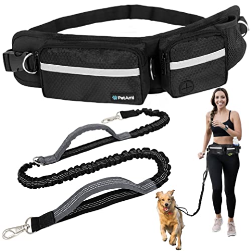 PetAmi Hands Free Dog Leash, Dog Running Leash Belt Bag for Walking, Jogging, Dog Waist Double Zipper Pouch with Poop Bag Dispenser, Dual Padded Handles Reflective Bungee Leash, Single (Black) - color: Black, size: 1 Leash