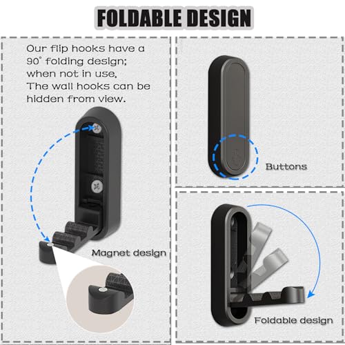 4PCS Foldable Wall Hooks, Folding Coat Hook, Folding Hook Wall Mount with 4pcs L-Shape Nail-Free Hooks, Screwdriver and Drill Bit, for Bathroom, Kitchen, Entryway, Holds Coats, Backpacks, Hats, Keys